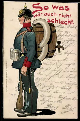 Künstler-Lithographie Bruno Bürger & Ottillie Nr. 7377: Soldat in Uniform hat ein Bierfass auf dem Rücken