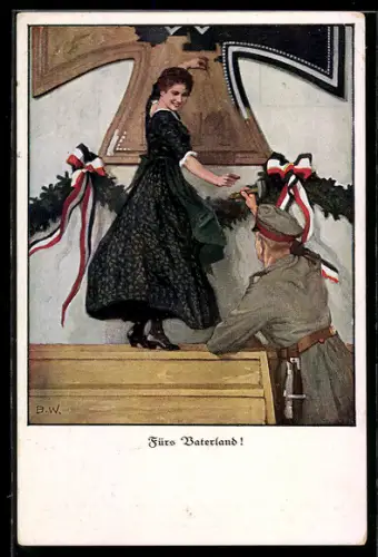 Künstler-AK Brynolf Wennerberg: Soldat reicht einer jungen Dame einen Hammer, die gerade eine Nagelung durchführt