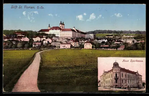 AK St. Florian /O. Ö., Stift u. Ort, Neue Sparkasse