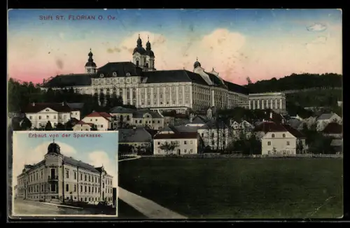 AK St. Florian /O. Öst., Sparkasse, Stift mit Ortspanorama