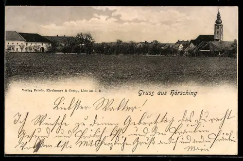AK Hörsching, Dorfpanorama mit Kirche und Gehöften