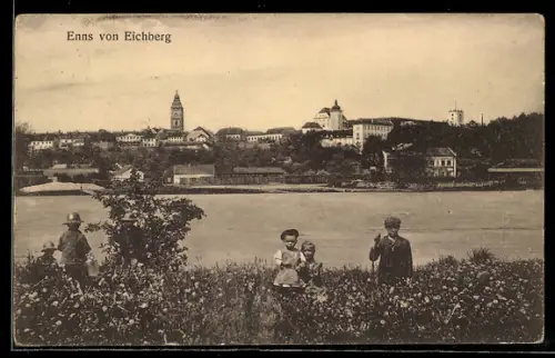 AK Enns, Ortspanorama vom Eichberg mit Donau