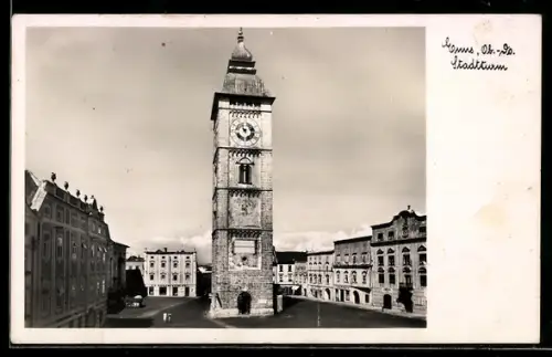 AK Enns /Ob. Öst., Stadtturm mit Platz aus der Vogelschau