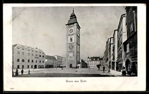 AK Enns, Hauptplatz mit Stadtturm