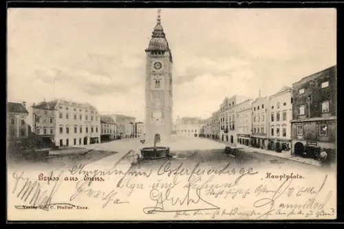 AK Enns, Hauptplatz mit Stadtturm und Brunnen