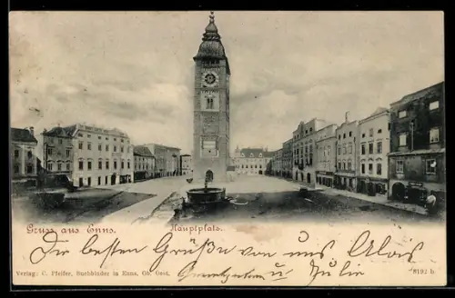 AK Enns /Ob. Oest., Hauptplatz mit Turm u. Brunnen