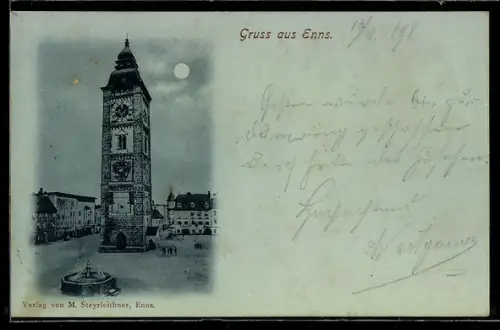 Mondschein-AK Enns, Stadtturm am Hauptplatz mit Brunnen