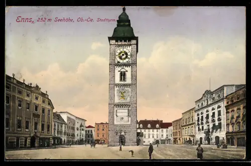 AK Enns /Ob.-Oe., Stadtturm, Platz-Panorama