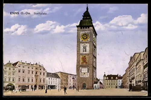 AK Enns /O.-Oe., Stadtplatz mit Stadtturm