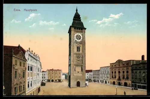 AK Enns, Hauptplatz mit Stadtturm aus der Vogelschau