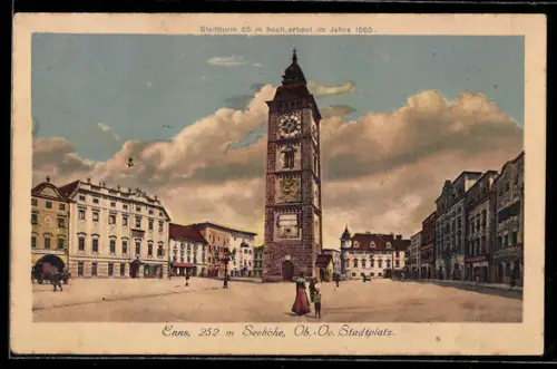 AK Enns /Ob. Öst., Stadtplatz mit Stadtturm