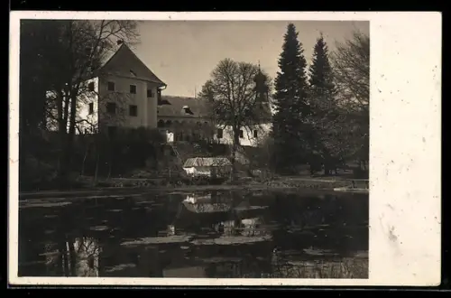 Foto-AK Eggendorf, Schloss am Teich mit Spiegelung