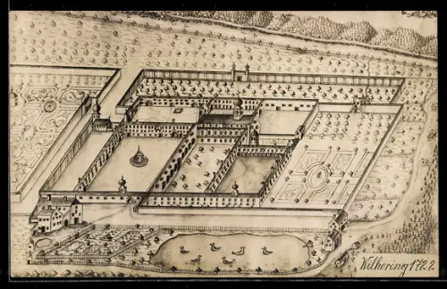 Künstler-AK Wilhering, Ortsansicht 1722, Schlossanlage mit ummauerten Höfen, Garten und Teich