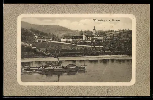 AK Wilhering an der Donau, Donaupartie mit Schiff und Stift, Rahmen