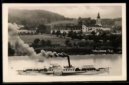 AK Wilhering a. Donau, Stiftsanlage mit Dampfschiff