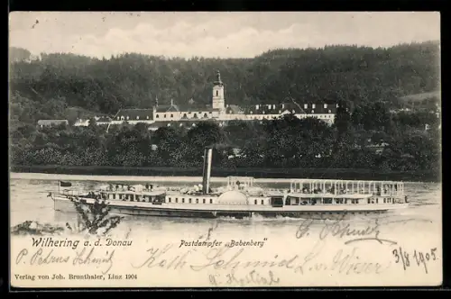 AK Wilhering a. d. Donau, Postdampfer Babenberg vor Stiftsgebäude