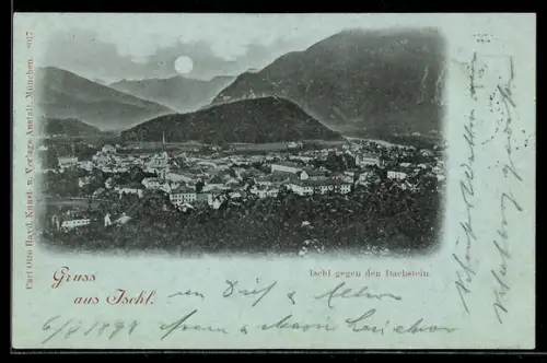 Mondschein-AK Ischl, Totalansicht gegen den Dachstein