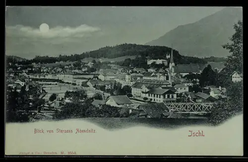 Mondschein-AK Ischl, Blick von Sterzens Abendsitz, Ortsansicht mit Kirche und Brücke