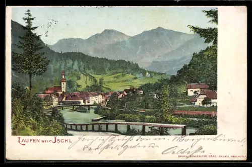 AK Bad Ischl, Laufen bei Ischl, Ortsansicht mit Kirche, Brücke und Bergpanorama