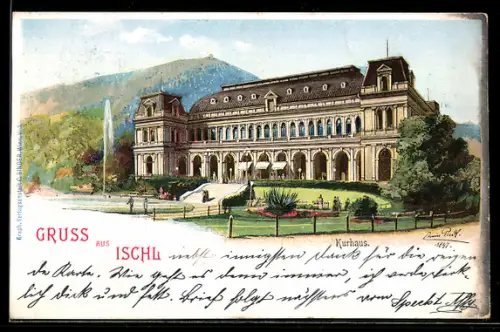 Lithographie Ischl, Kurhaus mit Park und Springbrunnen