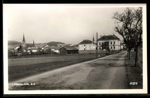 AK Leonfelden /O. Ö., Ortspanorama mit Strasse und Kirche