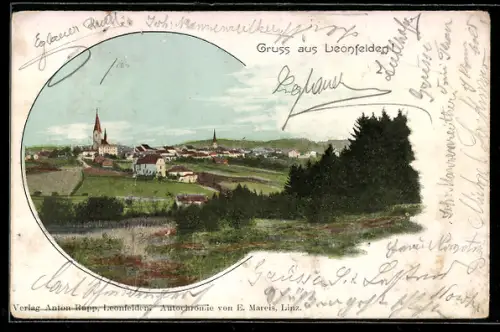 AK Leonfelden, Panorama mit Kirche und Ortschaft