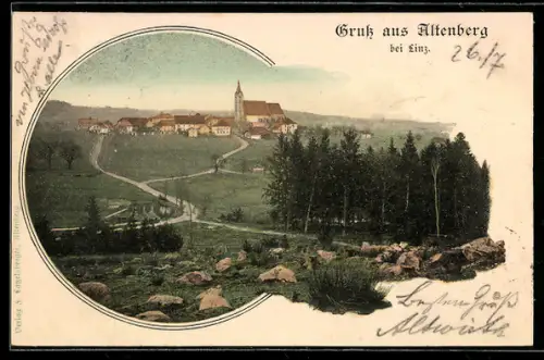 Künstler-AK Altenberg bei Linz, Gesamtansicht mit Umgebung