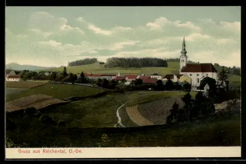 AK Reichental /O.-Oe., Ortspanorama mit Kirche u. Feldern