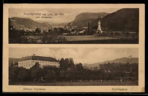 AK Puchenau bei Linz, Panorama mit Donautal, Schloss mit Postlingberg