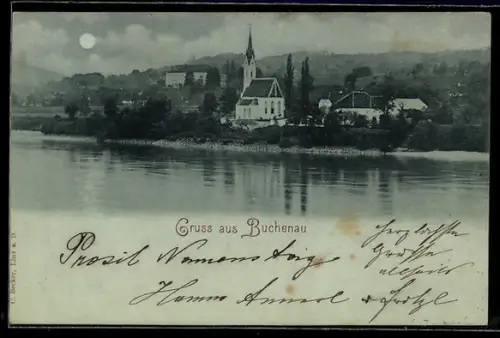 Mondschein-AK Puchenau, Ortspanorama mit Kirche und Fluss