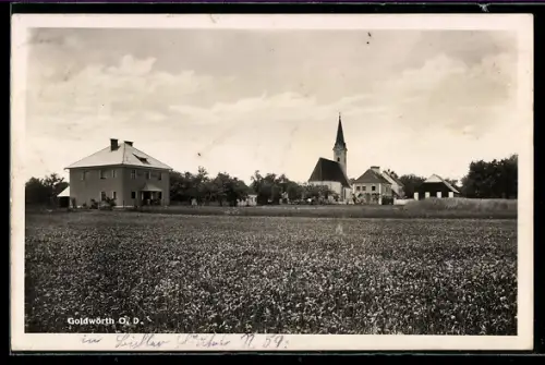AK Goldwörth O. D., Ortspanorama mit Volksschule und Kirche