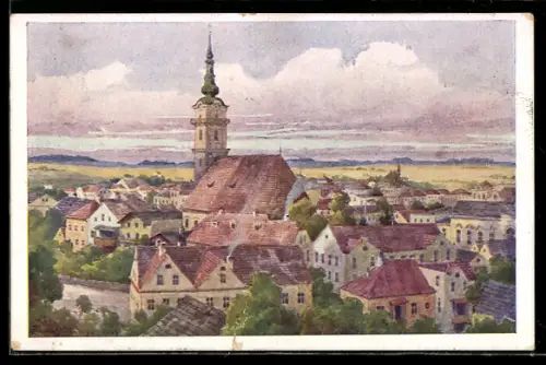 Künstler-AK Ried /Innkr., Teilansicht mit Kirche aus der Vogelschau