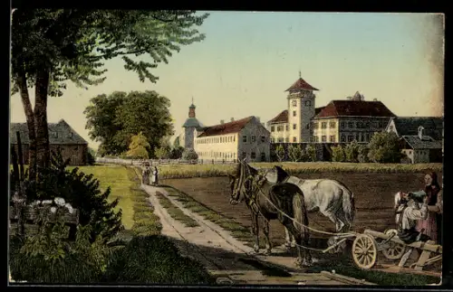 Künstler-AK Kirchdorf am Inn, Katzenberg, Schloss mit Pferdewagen