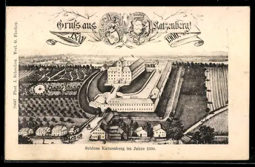 Künstler-AK Kirchdorf am Inn, Schloss Katzenberg im Jahre 1500, Wappen