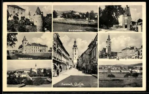 AK Freistadt, Marktplatz, Schwimmbad, Krankenhaus