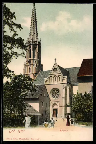 AK Bad Hall, Kirche mit Strassenpartie