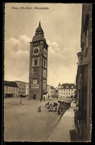 AK Enns /Ob.-Oest., Hauptplatz mit dem Uhrturm