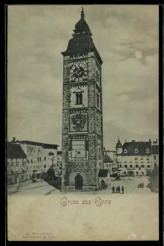 Mondschein-AK Enns, Stadtturm mit Strassenpartie