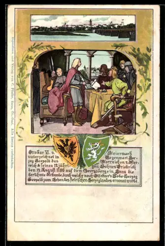 AK Enns, Urkundenunterzeichnung Ottokar VI. v. Steiermark, Wappen, Ortsansicht