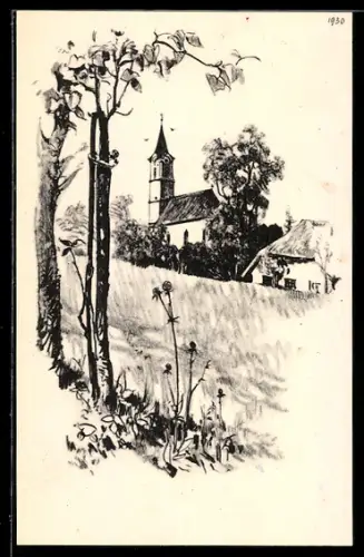 Künstler-AK Ansfelden, Bruckners Geburtsort, Ortspartie mit Kirche