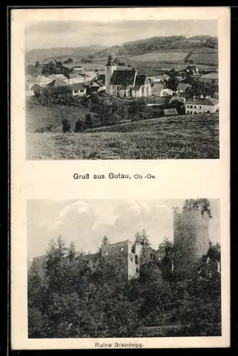 AK Gutau /Ob.-Oe., Teilansicht mit Kirche, Ruine Brandegg