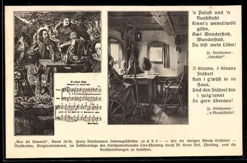 AK Pramet, Piesenham im Innviertel, Frau in Spinnstube, Fr. Stelzhamer im Gasthaus, Passepartout