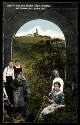 AK Gramastetten /Ob.Oest., Blick aus der Ruine Lichtenhag auf die Kirche