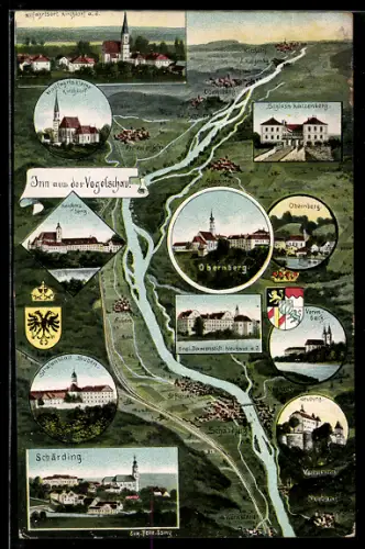 AK Obernberg a. Inn, Vogelschau auf den Flusslauf mit Ortsansichten
