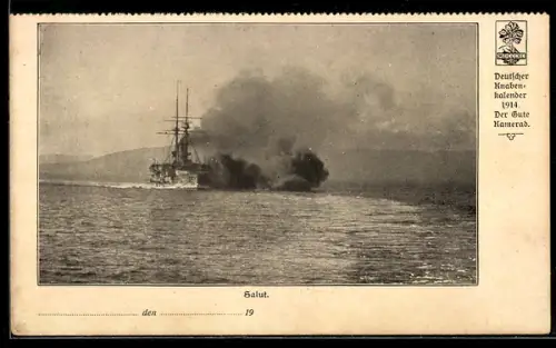 AK Linienschiff der Kaiserlichen Marine beim Salutschiessen, Kriegsschiff