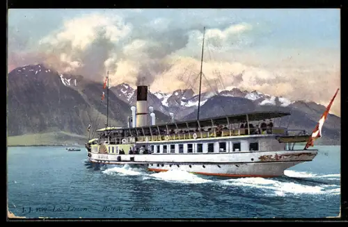 AK Raddampfer La Suisse in Fahrt auf dem Genfer See in Heckansicht