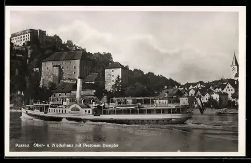 AK Passau, Raddampfer Habsburg auf der Donau vor dem Ober- u. Niederhaus