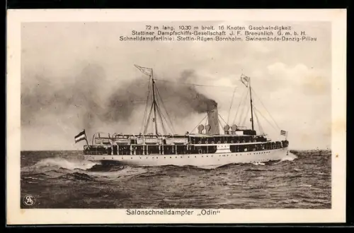 AK Passagierschiff Odin der Linie Stettin-Rügen-Bornholm in Fahrt auf der Ostsee