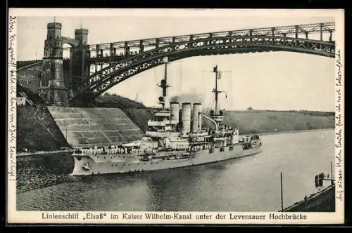 AK Linienschiff Elsass der Reichsmarine im Kaiser Wilhelm-Kanal unter der Levensauer Hochbrücke