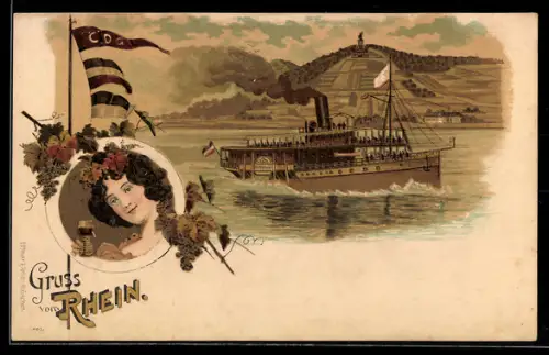 Lithographie Raddampfer in Fahrt auf dem Rhein vor dem Niederwalddenkmal